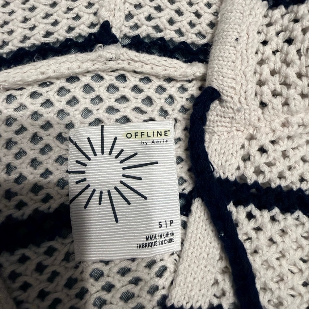 Offline by Aerie Striped Knit Crochet Hoodie and Shorts Set Cover Cream Navy S M - Picture 5 of 5
